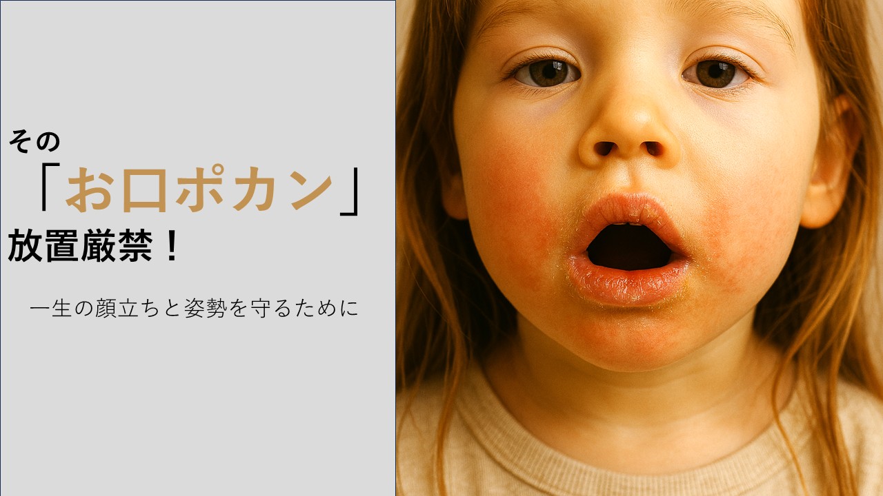 歯科医師監修：花粉症による鼻詰まりで「お口ポカン」状態になった子供の顔のアップ。口呼吸が引き起こす歯並び・顔立ち・姿勢への影響を解説するブログのメインビジュアル。